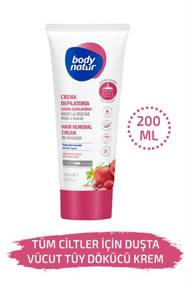 Body Natur Duşta Vücut Tüy Dökücü Krem Tüm Cilt Tipleri İçin Kırmızı Meyveli - Hair Removal Cream Shower 200ml